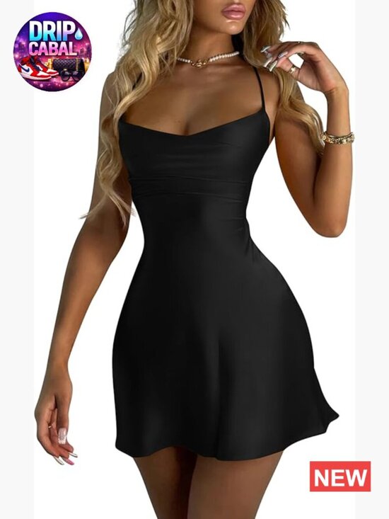 Dresses & Skirts - Women's Satin Square Neckline Mini Cocktail Dress Backless Lace-Up Sleeveless